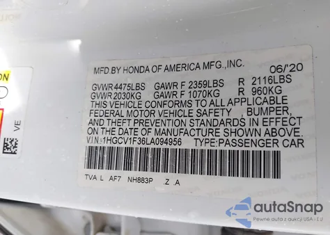 2020 Honda Accord Sport z USA, uszkodzony, nr VIN 1HGCV1F36LA094956